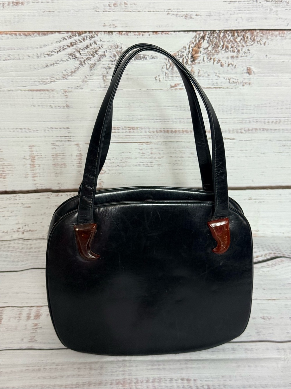 Vintage Holzman Black Leather Small Double Handle Handbag With Bakelight